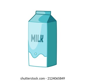 Leche en una caja de cartón azul. Imagen vectorial de una bebida en un estilo infantil de dibujos animados. Clásico gracioso aislado sobre fondo blanco. huella linda
