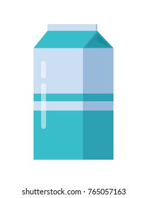 Milk blue carton package. Carton of dairy. Milk box. Farm food. Milk icon. Retail store element. Simple drawing in flat style. Isolated vector illustration on white background.