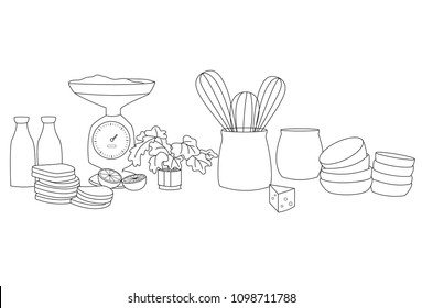 Milk Bottle and Baked Bread at the Kitchen Line Art Vector Illustration