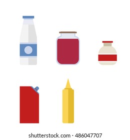 Milk Bottle, Bank of jam, mayonnaise, ketchup, mustard, set of kitchen bottles. Flat design, vector image. Vector.