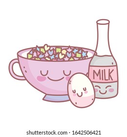 milk bottle boiled egg and cereal menu restaurant food cute vector illustration