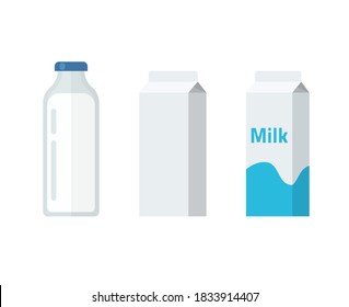 Milk bottle and carton package box vector flat cartoon illustration, dairy products package blank empty template isolated clipart