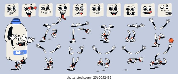 Milk bottle cartoon character with groovy comic faces set. Funny mascot with bundle of confusion, happy, love, sad, angry and other facial emotions, legs poses, hands gestures. Vector illustration.