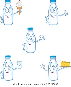 Milk Bottle Cartoon Mascot Character In Different Poses 1. Vector Collection Set