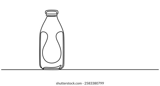 milk bottle continuous one line drawing, Plastic Milk Bottle, outline design, minimal and Farming Line Icon, Fresh milk in a glass bottle, on a wooden table, next to a linen striped towel. 