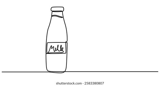 milk bottle continuous one line drawing, Plastic Milk Bottle, outline design, minimal and Farming Line Icon, Fresh milk in a glass bottle, on a wooden table, next to a linen striped towel. 