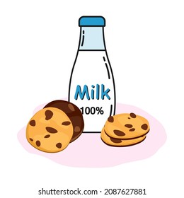 Milk bottle with cookies with chocolate pieces. Breakfast concept in cartoon style. Vector flat illustration design.