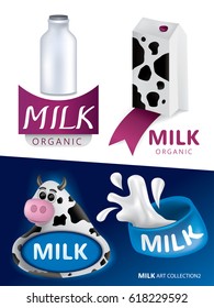 Milk Bottle, Cow, Milk Box (Vector Art)