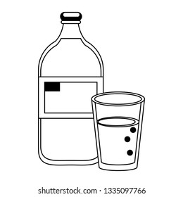 Milk bottle and cup cartoon isolated in black and white