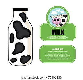 milk bottle with cute cow on label. vector