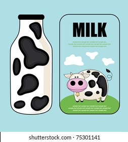 milk bottle with cute cow on label. vector