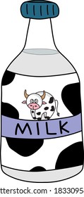 A milk bottle with the design of a cow and fluffy stains on the label