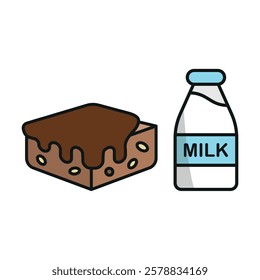 Milk bottle drink and brownies food icons with a fresh and delightful design, perfect for enhancing breakfast, snack, or dessert-themed projects