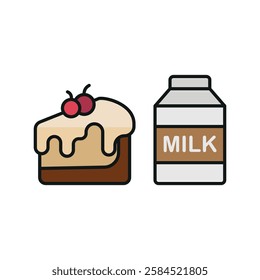 Milk bottle drink and cheesecake icon in flat style, featuring fresh milk in a glass bottle and a strawberry-topped cheesecake slice.