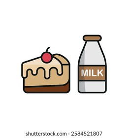 Milk bottle drink and cheesecake icon in flat style, featuring fresh milk in a glass bottle and a strawberry-topped cheesecake slice.