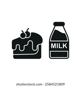 Milk bottle drink and cheesecake icon in flat style, featuring fresh milk in a glass bottle and a strawberry-topped cheesecake slice.