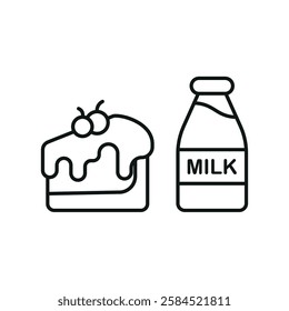 Milk bottle drink and cheesecake icon in flat style, featuring fresh milk in a glass bottle and a strawberry-topped cheesecake slice.