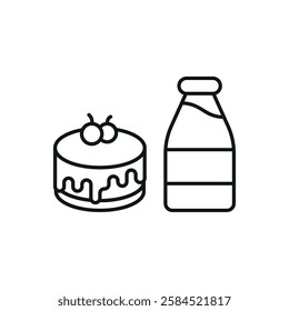 Milk bottle drink and cheesecake icon in flat style, featuring fresh milk in a glass bottle and a strawberry-topped cheesecake slice.