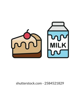 Milk bottle drink and cheesecake icon in flat style, featuring fresh milk in a glass bottle and a strawberry-topped cheesecake slice.