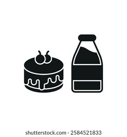 Milk bottle drink and cheesecake icon in flat style, featuring fresh milk in a glass bottle and a strawberry-topped cheesecake slice.