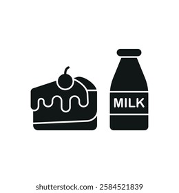 Milk bottle drink and cheesecake icon in flat style, featuring fresh milk in a glass bottle and a strawberry-topped cheesecake slice.