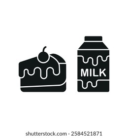 Milk bottle drink and cheesecake icon in flat style, featuring fresh milk in a glass bottle and a strawberry-topped cheesecake slice.