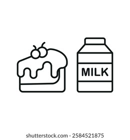 Milk bottle drink and cheesecake icon in flat style, featuring fresh milk in a glass bottle and a strawberry-topped cheesecake slice.