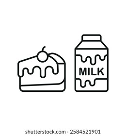 Milk bottle drink and cheesecake icon in flat style, featuring fresh milk in a glass bottle and a strawberry-topped cheesecake slice.