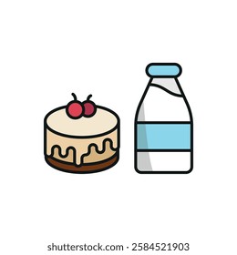 Milk bottle drink and cheesecake icon in flat style, featuring fresh milk in a glass bottle and a strawberry-topped cheesecake slice.