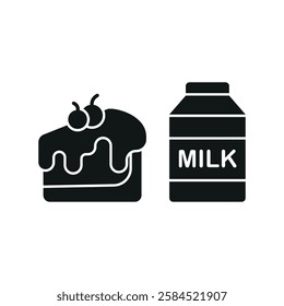 Milk bottle drink and cheesecake icon in flat style, featuring fresh milk in a glass bottle and a strawberry-topped cheesecake slice.