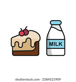 Milk bottle drink and cheesecake icon in flat style, featuring fresh milk in a glass bottle and a strawberry-topped cheesecake slice.