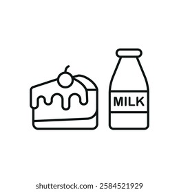 Milk bottle drink and cheesecake icon in flat style, featuring fresh milk in a glass bottle and a strawberry-topped cheesecake slice.