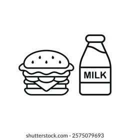 Milk bottle drink and hamburger food icon illustrated in a playful cartoon style bursting with vivid colors and cheerful vibes