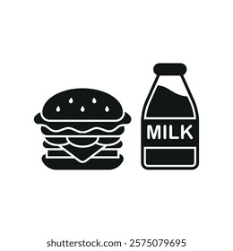 Milk bottle drink and hamburger food icon illustrated in a playful cartoon style bursting with vivid colors and cheerful vibes