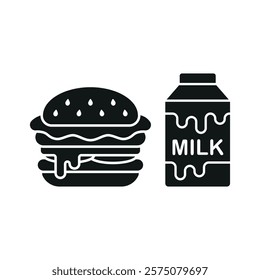 Milk bottle drink and hamburger food icon illustrated in a playful cartoon style bursting with vivid colors and cheerful vibes