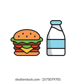 Milk bottle drink and hamburger food icon illustrated in a playful cartoon style bursting with vivid colors and cheerful vibes