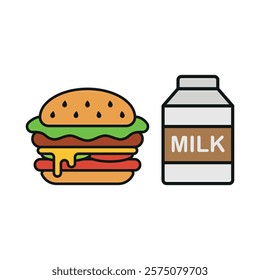 Milk bottle drink and hamburger food icon illustrated in a playful cartoon style bursting with vivid colors and cheerful vibes