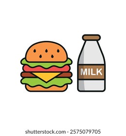 Milk bottle drink and hamburger food icon illustrated in a playful cartoon style bursting with vivid colors and cheerful vibes