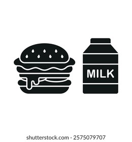 Milk bottle drink and hamburger food icon illustrated in a playful cartoon style bursting with vivid colors and cheerful vibes