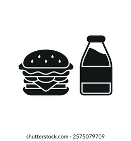 Milk bottle drink and hamburger food icon illustrated in a playful cartoon style bursting with vivid colors and cheerful vibes