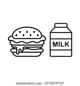 Milk bottle drink and hamburger food icon illustrated in a playful cartoon style bursting with vivid colors and cheerful vibes