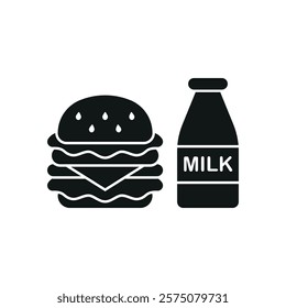 Milk bottle drink and hamburger food icon illustrated in a playful cartoon style bursting with vivid colors and cheerful vibes