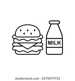 Milk bottle drink and hamburger food icon illustrated in a playful cartoon style bursting with vivid colors and cheerful vibes