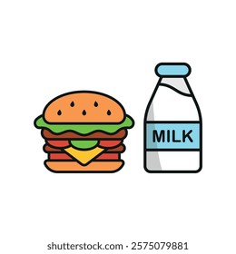 Milk bottle drink and hamburger food icon illustrated in a playful cartoon style bursting with vivid colors and cheerful vibes