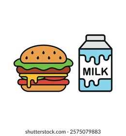 Milk bottle drink and hamburger food icon illustrated in a playful cartoon style bursting with vivid colors and cheerful vibes