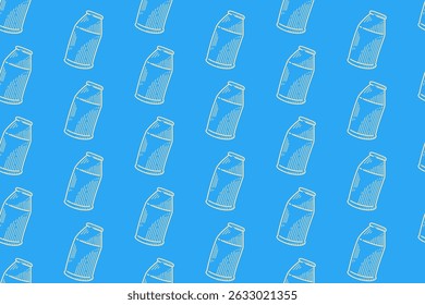 garrafa de leite gravura linha arte padrão sem emenda no fundo azul. retro garrafa de leite eclosão padrão papel de parede fundo para produtos láteos, fazenda, supermercado, bebida de saúde, cafés merchandise