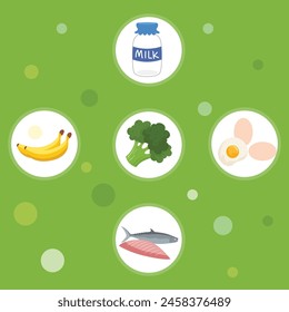 Milk Bottle, Fish, Banana and Broccoli Background