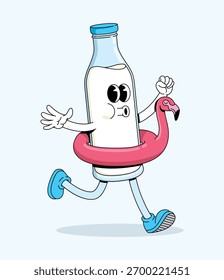 Botella de leche Flamingo Float Carácter Groovy ilustración de dibujos animados