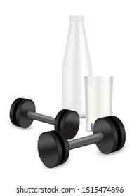 Milk Bottle with Glass. 3D Mock up Realistic Plastic Shaker and Dumbbell in Vector with Water and Drink. Healthy and Sport Concept illustration Design. 