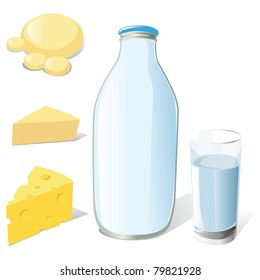 milk bottle, glass and cheeses